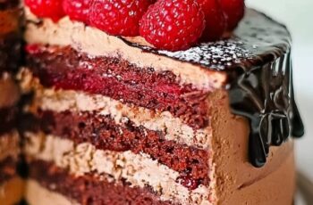 Indulge in the luxurious delight of our Four Layer Chocolate Raspberry Cake, a true masterpiece for any chocolate lover. Imagine four rich, moist layers of chocolate cake, each generously filled with a tangy raspberry filling and velvety chocolate ganache. The cake is beautifully frosted with smooth chocolate buttercream, creating a stunning finish. Fresh raspberries adorn the top, adding a burst of color and a hint of tartness that perfectly complements the deep chocolate flavors. Perfect for celebrations or special occasions, this cake offers a sophisticated blend of sweetness and elegance, promising an unforgettable dessert experience.