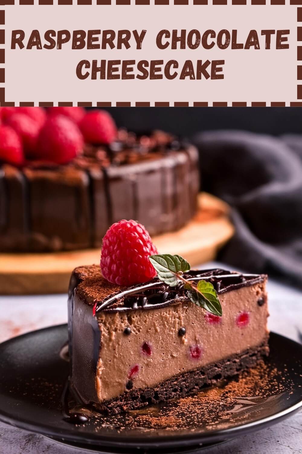 Indulge in the luxurious decadence of our Raspberry Chocolate Cheesecake. Picture a rich and creamy chocolate cheesecake, perfectly baked atop a crunchy chocolate cookie crust. Each slice reveals swirls of vibrant raspberry puree, creating a harmonious blend of tart and sweet flavors. The cheesecake is elegantly finished with a glossy chocolate ganache and adorned with fresh raspberries, adding a burst of color and freshness. Perfect for any celebration or simply treating yourself, this Raspberry Chocolate Cheesecake is a gourmet delight that promises an unforgettable dessert experience.