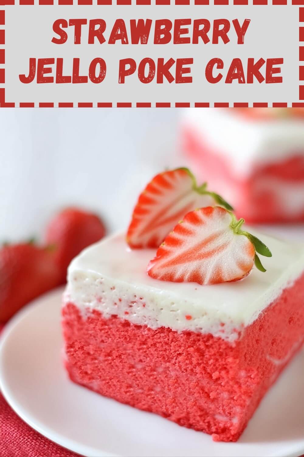 Indulge in the ultimate summer treat with this luscious Strawberry Jello Poke Cake! Moist vanilla cake layers infused with vibrant strawberry Jello, creating a burst of fruity flavor in every bite. Topped with fluffy whipped cream and fresh strawberry slices, this dessert is a delightful symphony of sweetness and tanginess. Perfect for picnics, BBQs, or any occasion craving a taste of summer bliss!