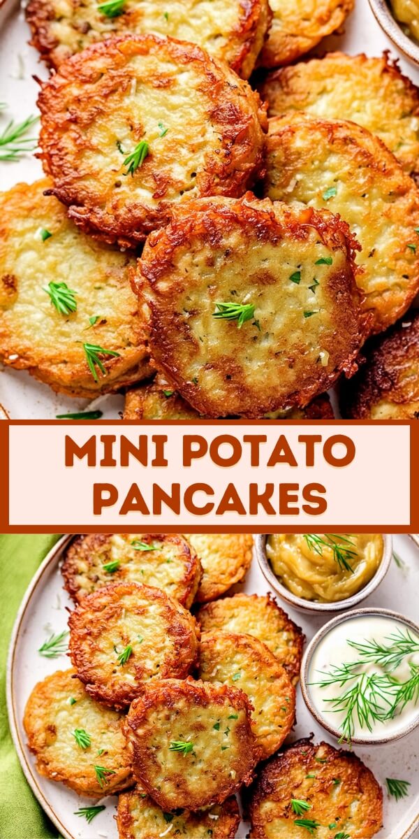 Indulge in the savory delight of mini potato pancakes, perfect for appetizers or snacks. These bite-sized treats feature a crispy golden-brown exterior with a tender, fluffy potato filling. Served with a dollop of sour cream and garnished with fresh chives, each mini pancake offers a comforting blend of flavors and textures. Ideal for parties, brunches, or a tasty addition to any meal, these homemade mini potato pancakes are sure to please