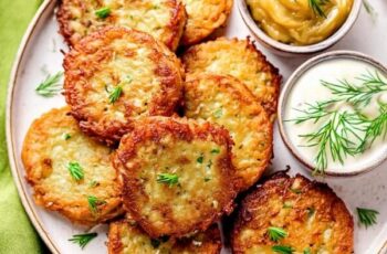 Indulge in the savory delight of mini potato pancakes, perfect for appetizers or snacks. These bite-sized treats feature a crispy golden-brown exterior with a tender, fluffy potato filling. Served with a dollop of sour cream and garnished with fresh chives, each mini pancake offers a comforting blend of flavors and textures. Ideal for parties, brunches, or a tasty addition to any meal, these homemade mini potato pancakes are sure to please