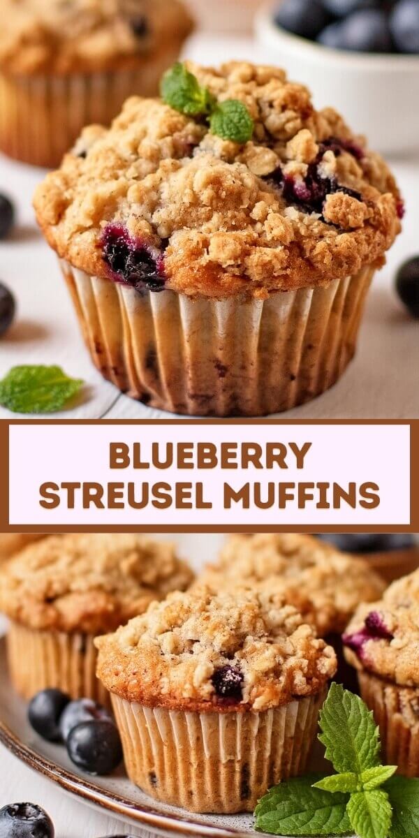 Indulge in the delightful flavors of homemade blueberry streusel muffins. These moist and fluffy muffins are bursting with juicy blueberries and topped with a buttery streusel crumble for a perfect blend of sweetness and crunch. Baked to a golden-brown perfection, they make an ideal breakfast treat or snack. Garnished with a light dusting of powdered sugar, these blueberry streusel muffins are sure to please any crowd.