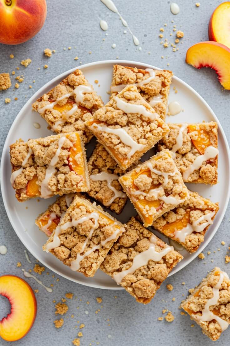 Sweet, juicy peaches baked between layers of buttery cinnamon crumb—these peach crumb bars are a slice of summer in every bite!