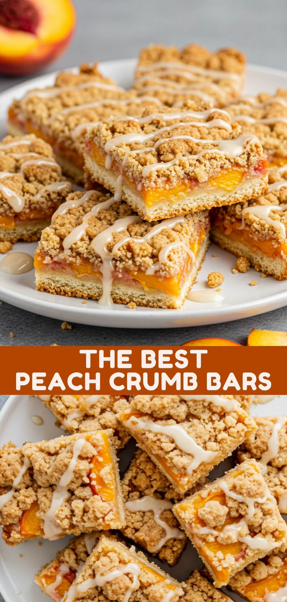 Sweet, juicy peaches baked between layers of buttery cinnamon crumb—these peach crumb bars are a slice of summer in every bite!