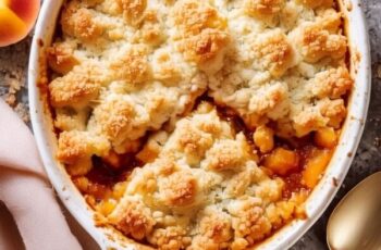 Savor the comforting flavors of homemade peach cobbler, a classic dessert favorite. This delightful treat features juicy, ripe peaches baked to perfection with a sweet, buttery crust. The golden-brown topping offers a delicious contrast to the soft, tender peaches beneath. Served warm and topped with a scoop of vanilla ice cream or a dollop of whipped cream, this peach cobbler is an ideal dessert for summer gatherings, family dinners, or any time you crave a taste of homemade goodness.