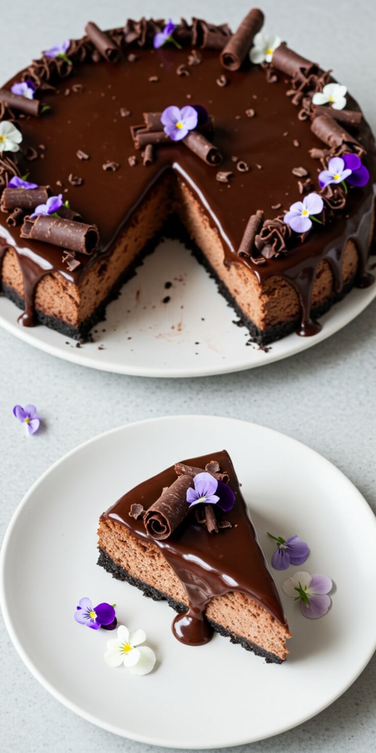 Ultra-rich and deeply chocolatey, this cheesecake is layered with ganache and velvety filling on a cookie crumb crust. A dream for chocoholics!