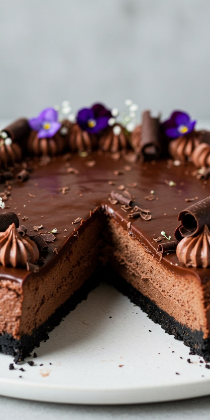 Ultra-rich and deeply chocolatey, this cheesecake is layered with ganache and velvety filling on a cookie crumb crust. A dream for chocoholics!