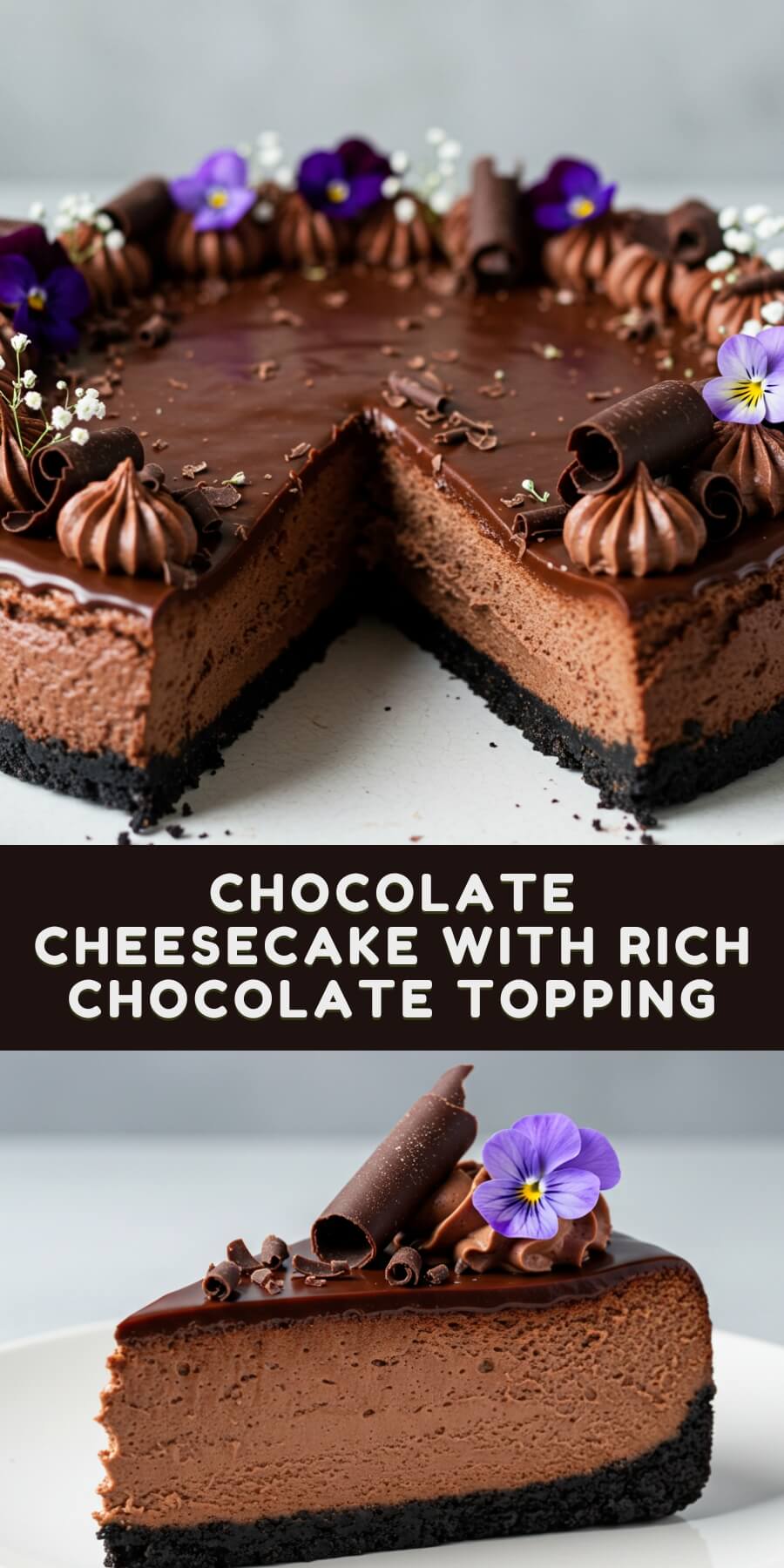 Ultra-rich and deeply chocolatey, this cheesecake is layered with ganache and velvety filling on a cookie crumb crust. A dream for chocoholics!