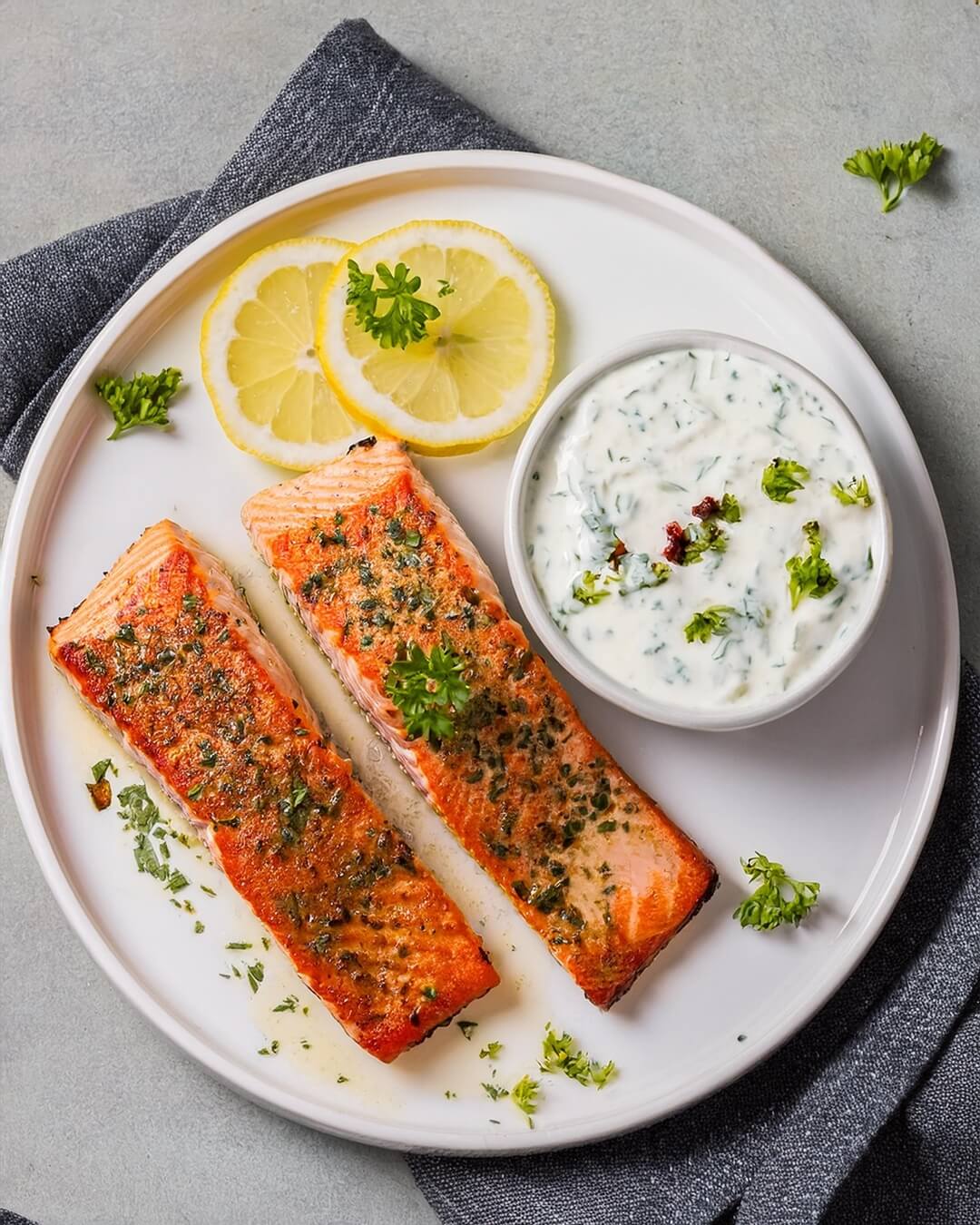Perfectly pan-seared Salmon with a tangy Lemon Yogurt Sauce, featuring a rich, flaky fillet paired with a creamy sauce made from Greek yogurt, fresh lemon juice, garlic, and herbs. This healthy and flavorful dish is a delightful blend of bright, zesty flavors and savory salmon, making it ideal for a light dinner or special occasion. Serve with roasted vegetables or a fresh salad for a complete, nutritious meal.