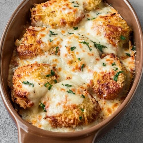 This Baked Chicken Parmesan combines juicy, tender chicken breasts with rich marinara sauce and a topping of mozzarella and Parmesan, all brought together with garlic croutons for a satisfying crunch. A fresh sprinkle of basil adds brightness, making it an easy, flavorful twist on a classic favorite.