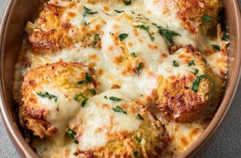 This Baked Chicken Parmesan combines juicy, tender chicken breasts with rich marinara sauce and a topping of mozzarella and Parmesan, all brought together with garlic croutons for a satisfying crunch. A fresh sprinkle of basil adds brightness, making it an easy, flavorful twist on a classic favorite.