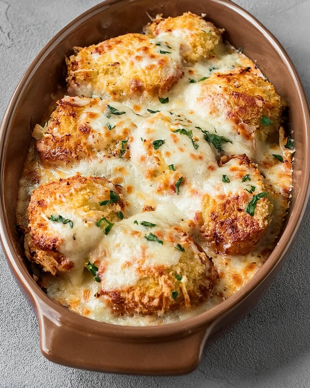 This Baked Chicken Parmesan combines juicy, tender chicken breasts with rich marinara sauce and a topping of mozzarella and Parmesan, all brought together with garlic croutons for a satisfying crunch. A fresh sprinkle of basil adds brightness, making it an easy, flavorful twist on a classic favorite.