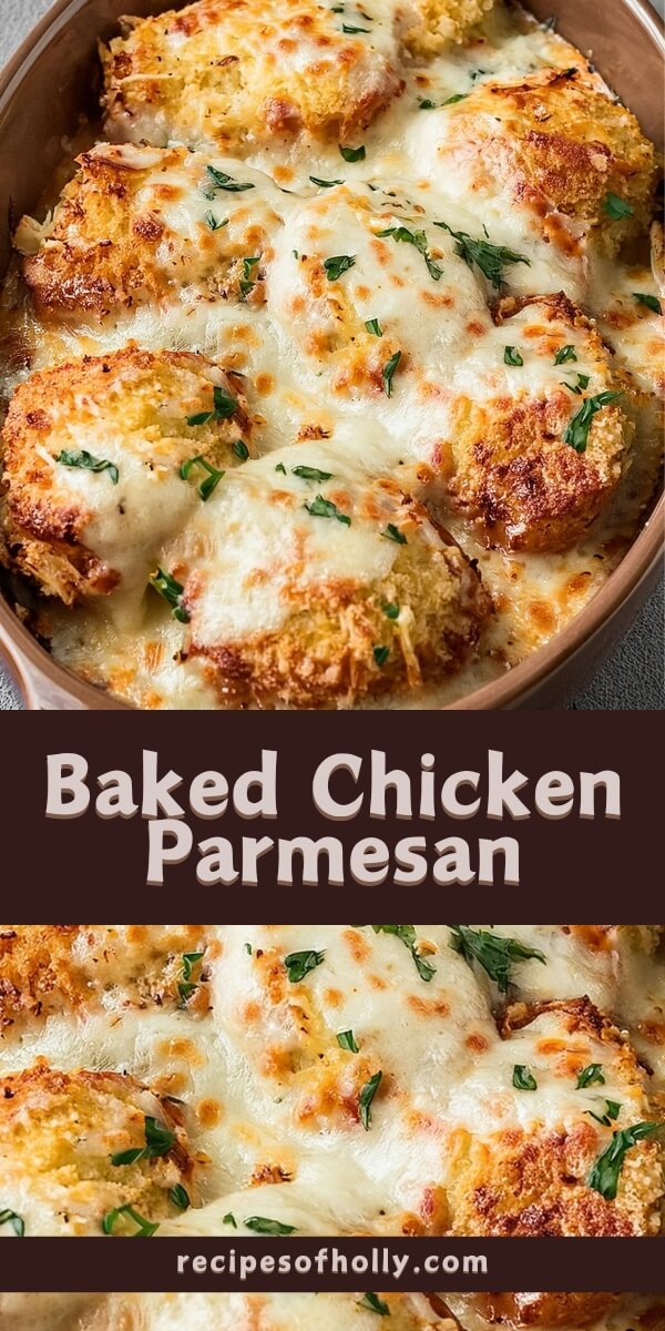 This Baked Chicken Parmesan combines juicy, tender chicken breasts with rich marinara sauce and a topping of mozzarella and Parmesan, all brought together with garlic croutons for a satisfying crunch. A fresh sprinkle of basil adds brightness, making it an easy, flavorful twist on a classic favorite.