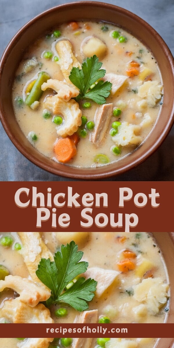 This Chicken Pot Pie Soup is a cozy and comforting dish that captures all the flavors of the classic pot pie in a hearty soup form! Tender chunks of chicken are simmered with carrots, peas, and potatoes in a creamy, savory broth infused with herbs and spices. Topped with flaky biscuit pieces or crunchy crackers, this soup brings together the warmth and nostalgia of a homemade pot pie in every spoonful. Perfect for chilly nights or whenever you need a comforting meal, this Chicken Pot Pie Soup is sure to become a family favorite.