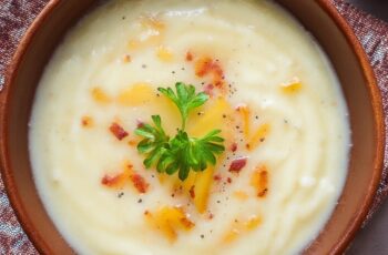 This Creamy Potato Soup is pure comfort in a bowl, offering a rich, velvety texture and the perfect balance of flavors. Made with tender potatoes, simmered in a creamy broth with hints of garlic and onion, it’s hearty yet smooth. Each bite melts in your mouth, while crispy bacon crumbles, shredded cheese, and fresh chives on top add an extra layer of deliciousness. Whether served on a chilly evening or as a comforting lunch, this creamy potato soup will warm you from the inside out.