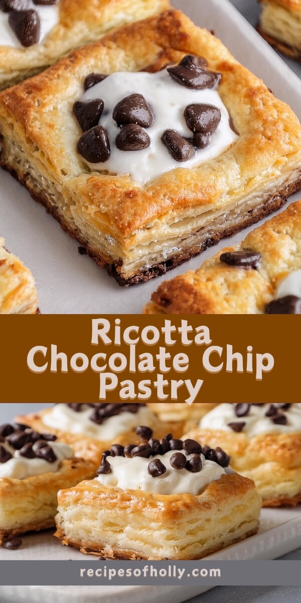 These Ricotta Chocolate Chip Pastries are a delightful mix of creamy, sweet ricotta and decadent chocolate chips wrapped in flaky pastry! The filling, made with smooth ricotta and mini chocolate chips, is lightly sweetened and nestled inside layers of buttery, golden pastry that bakes to perfection. Each bite offers a balance of creamy, rich filling and crisp pastry, making them perfect for breakfast, dessert, or a sweet snack.