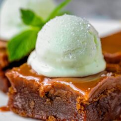 These Salted Caramel Brownies are an indulgent dessert that combines rich, gooey brownies with a decadent salted caramel swirl and a refreshing scoop of mint ice cream. The fudgy brownies are perfectly balanced by the sweet and salty caramel, creating a flavor explosion with every bite. Topped with cool, creamy mint ice cream, this dessert offers the ultimate contrast between warm, chocolatey richness and cool, refreshing mint. It’s a dessert experience that’s both comforting and refreshing.