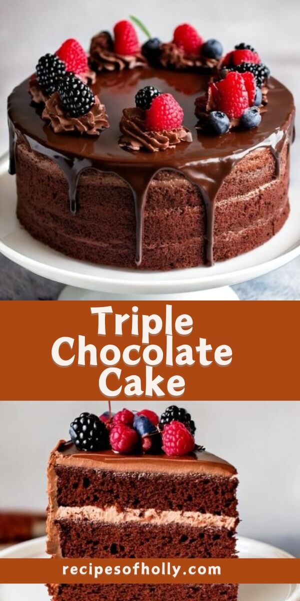 This Triple Chocolate Cake is a chocolate lover’s dream come true! With three layers of rich, moist chocolate cake, smothered with chocolate buttercream, and decadent chocolate ganache, this cake is pure indulgence in every bite. Whether you're celebrating a special occasion or just satisfying a serious chocolate craving, this cake is sure to impress.