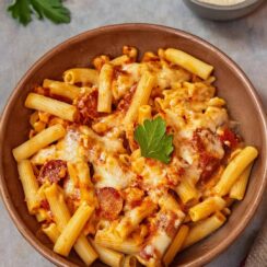 This Cheesy Chicken Sausage Pasta is a creamy, comforting pasta bake loaded with Italian flavors. The tender rigatoni absorbs the rich tomato-cream sauce, while the combination of shredded and fresh mozzarella creates a delightful melty topping. This dish is perfect for weeknight dinners or cozy gatherings!