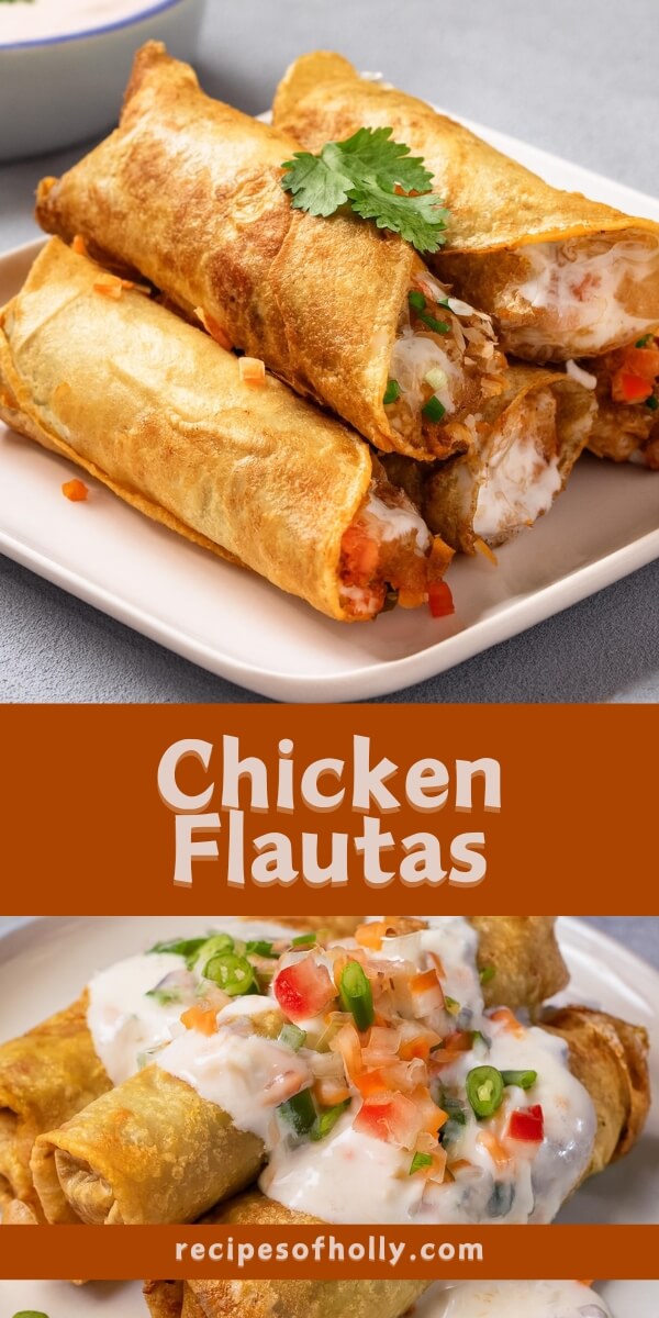 These Chicken Flautas are crispy, golden rolls filled with seasoned chicken, melted cheese, and mild green chiles. Serve them with sour cream, guacamole, pico de gallo, and salsa for a complete meal full of flavors and textures—perfect for snacking or as an appetizer!