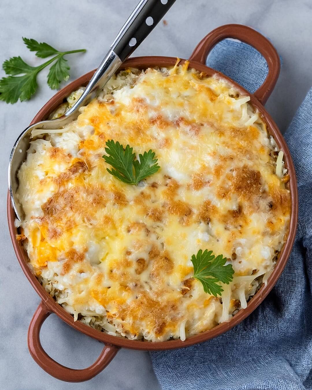 This Chicken and Rice Casserole combines creamy cheese, tangy tomatillo salsa, savory rotisserie chicken, and hearty rice. With layers of flavor from the refried beans, charred corn, and green chiles, this casserole is a comforting, well-rounded dish perfect for weeknight dinners or gatherings. Garnished with fresh scallions and cilantro, it’s both visually appealing and deliciously satisfying.