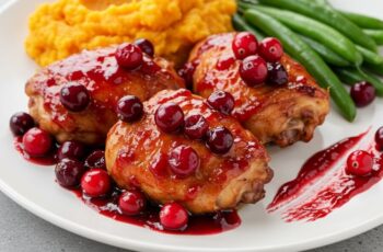 These easy cranberry chicken thighs are juicy, flavorful, and baked to perfection with a simple sauce of cranberries, orange juice, garlic, and brown sugar—done in 35 minutes!