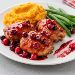 These easy cranberry chicken thighs are juicy, flavorful, and baked to perfection with a simple sauce of cranberries, orange juice, garlic, and brown sugar—done in 35 minutes!
