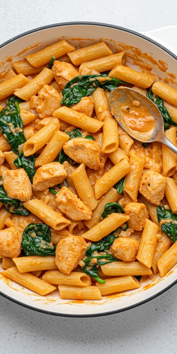 This Tuscan Chicken Pasta is creamy, garlicky, and packed with sun-dried tomatoes and spinach—perfect for cozy weeknights, date-night dinners, or impressing guests without stress.