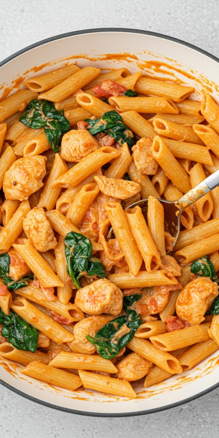 This Tuscan Chicken Pasta is creamy, garlicky, and packed with sun-dried tomatoes and spinach—perfect for cozy weeknights, date-night dinners, or impressing guests without stress.