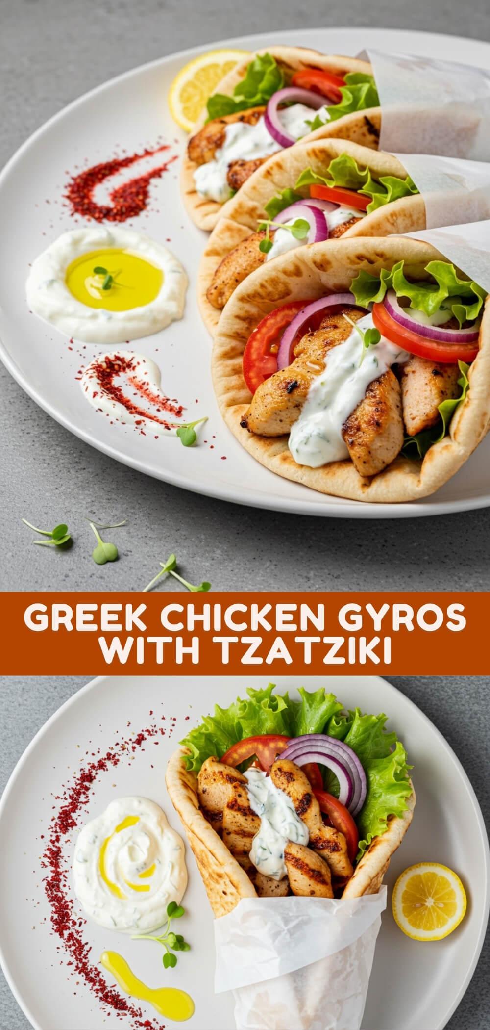 These Greek Chicken Gyros bring together marinated, tender chicken with fresh veggies and creamy tzatziki, all wrapped in soft pita bread.