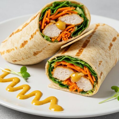 The Honey Mustard Chicken Wrap is a satisfying and balanced meal, combining crispy, seasoned chicken with fresh veggies, sharp cheese, and a tangy honey mustard sauce.