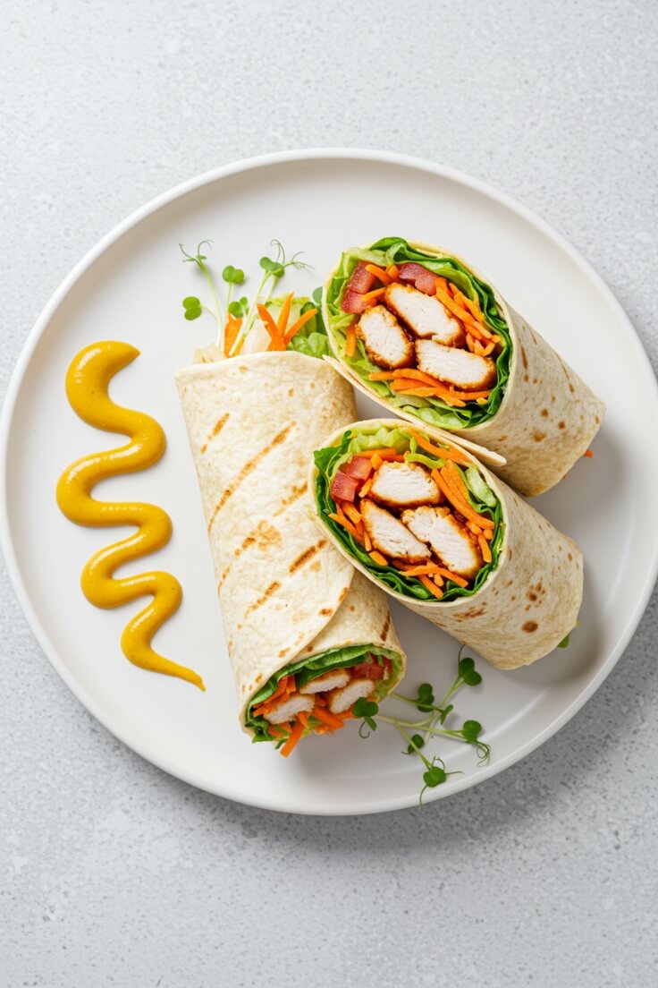 The Honey Mustard Chicken Wrap is a satisfying and balanced meal, combining crispy, seasoned chicken with fresh veggies, sharp cheese, and a tangy honey mustard sauce.