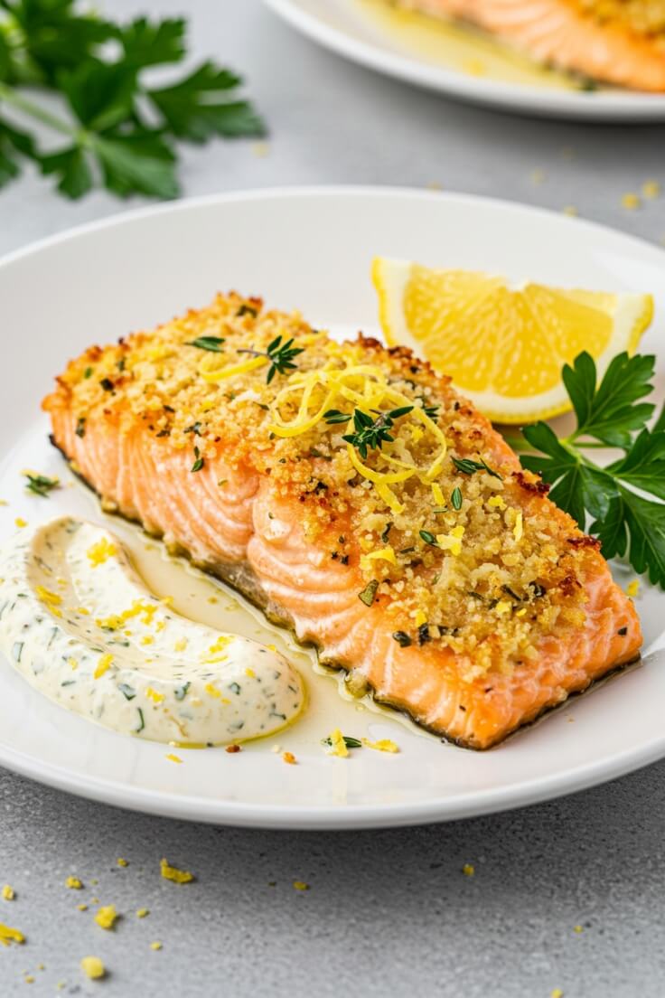 Parmesan Crusted Salmon with Roasted Broccoli features succulent salmon with a golden, cheesy crust infused with lemon, thyme, and fresh parsley.