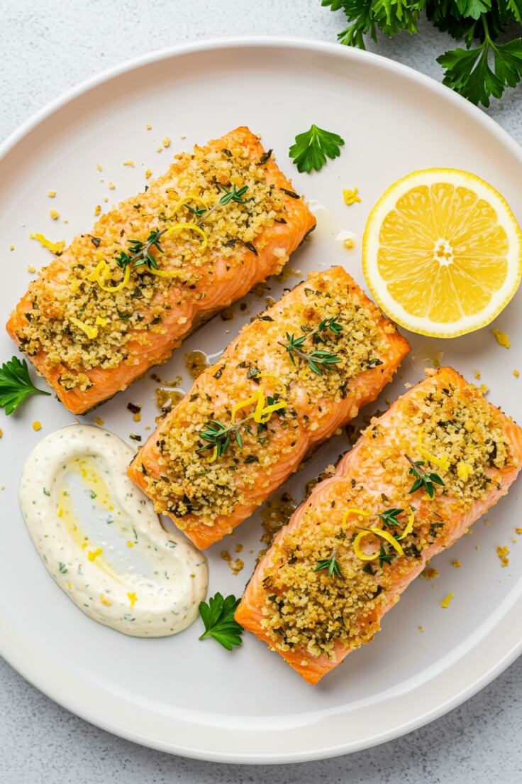 Parmesan Crusted Salmon with Roasted Broccoli features succulent salmon with a golden, cheesy crust infused with lemon, thyme, and fresh parsley.