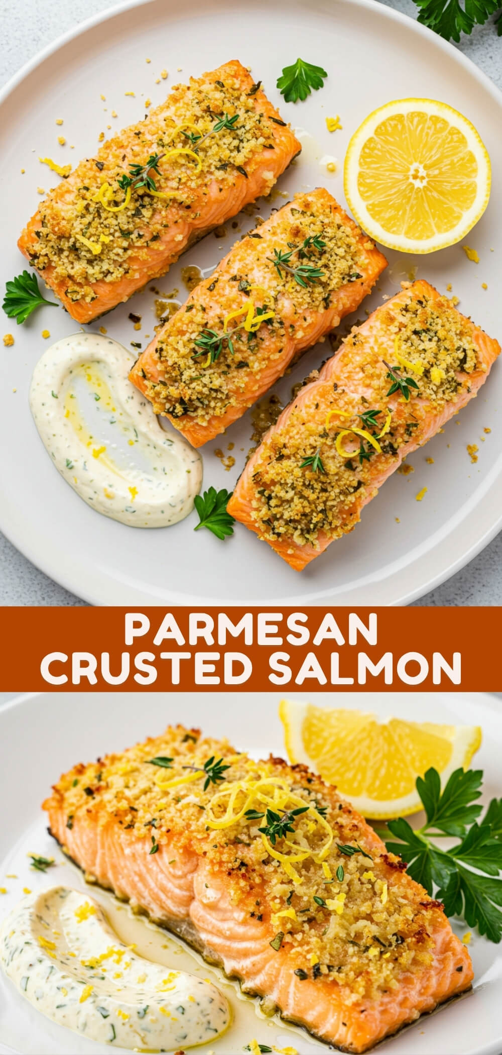 Parmesan Crusted Salmon with Roasted Broccoli features succulent salmon with a golden, cheesy crust infused with lemon, thyme, and fresh parsley.