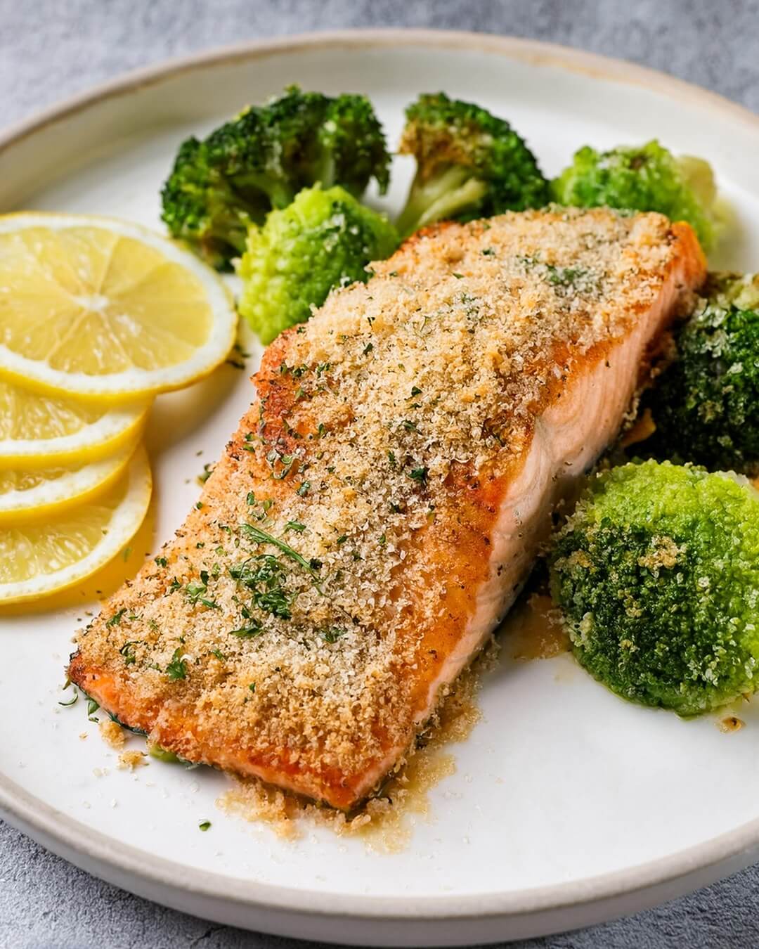 Parmesan Crusted Salmon with Roasted Broccoli features succulent salmon with a golden, cheesy crust infused with lemon, thyme, and fresh parsley. Roasted broccoli on the side, seasoned with garlic, olive oil, and black pepper, rounds out this satisfying, balanced meal.