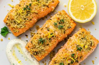 Parmesan Crusted Salmon with Roasted Broccoli features succulent salmon with a golden, cheesy crust infused with lemon, thyme, and fresh parsley.