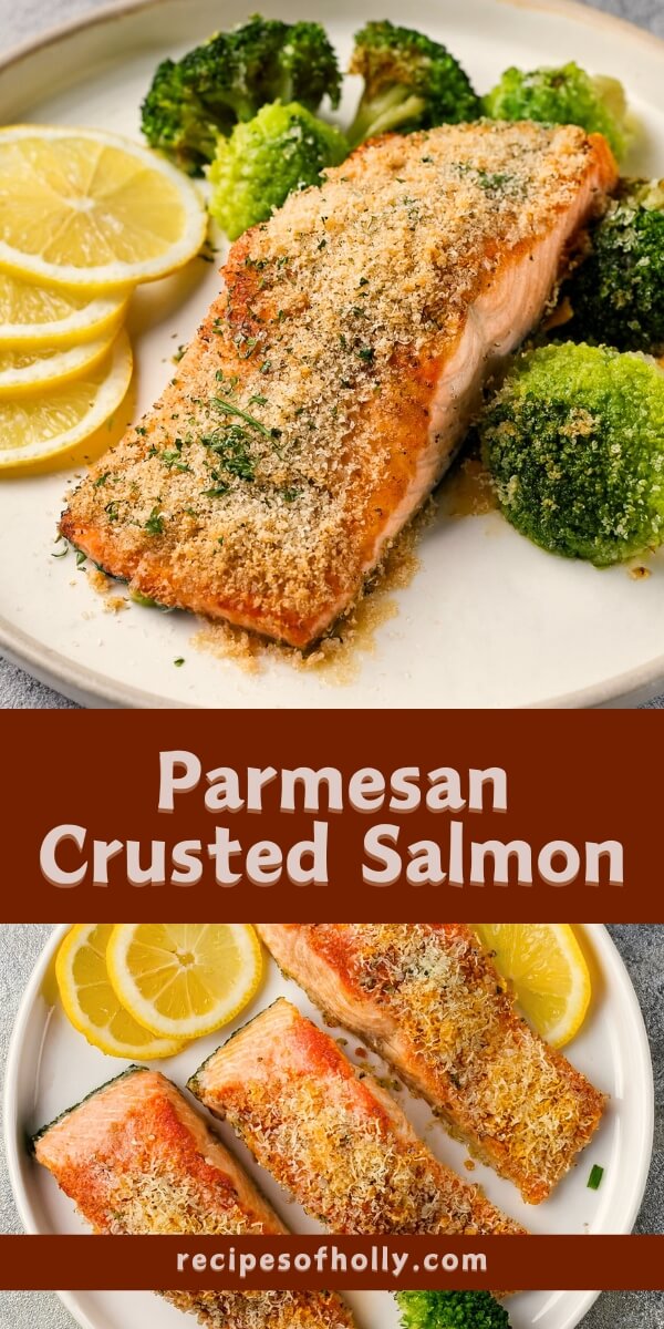 Parmesan Crusted Salmon with Roasted Broccoli features succulent salmon with a golden, cheesy crust infused with lemon, thyme, and fresh parsley. Roasted broccoli on the side, seasoned with garlic, olive oil, and black pepper, rounds out this satisfying, balanced meal.