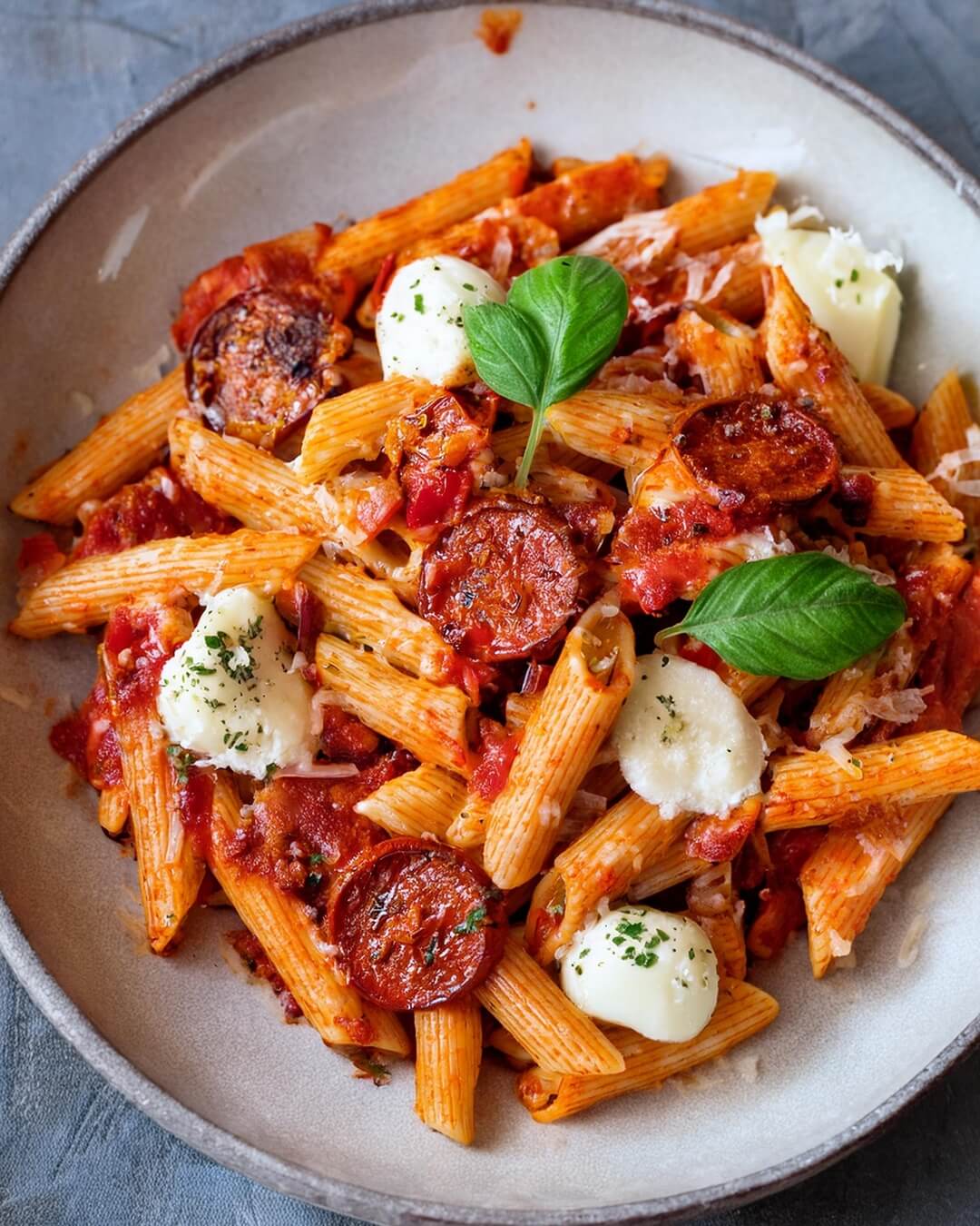 Penne Arrabbiata with chorizo combines the heat of chili flakes and the smokiness of chorizo with a rich tomato sauce. Red and yellow bell peppers, along with onion and garlic, enhance the sauce's flavor, while mozzarella provides a creamy contrast to the spice. This dish is a comforting blend of bold, spicy flavors with a savory, slightly sweet undertone.