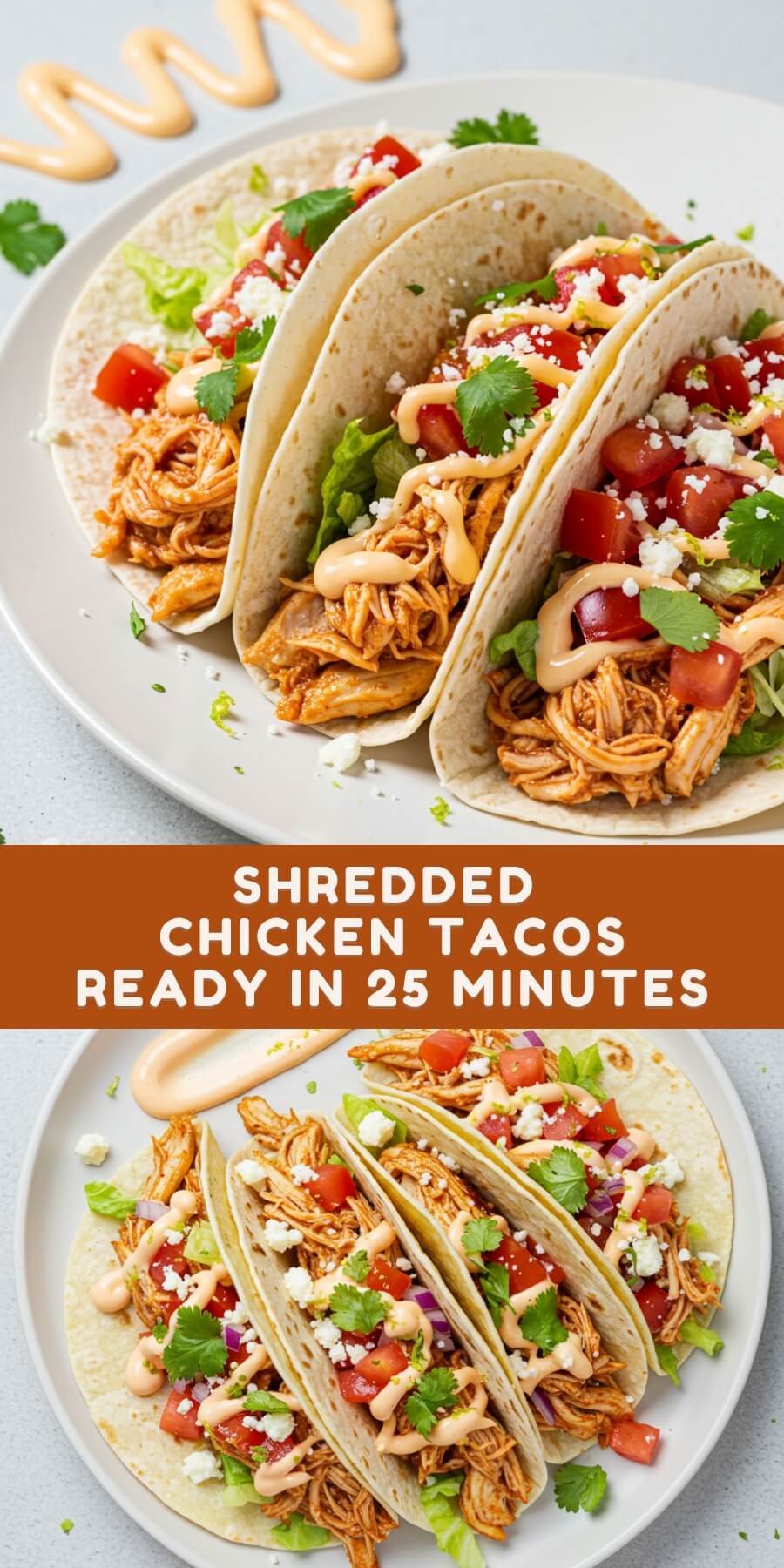 Tender shredded chicken tucked into warm tortillas with your favorite toppings—this taco recipe is fresh, fast, and delicious, and it’s done in just 25 minutes!