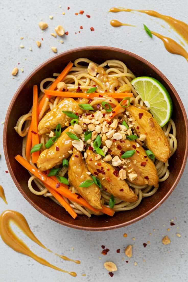 Spicy Peanut Chicken Noodles combines rice noodles and a spicy, creamy peanut sauce with tender ground chicken and fresh vegetables.