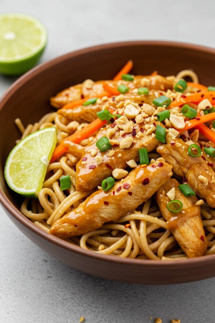 Spicy Peanut Chicken Noodles combines rice noodles and a spicy, creamy peanut sauce with tender ground chicken and fresh vegetables.