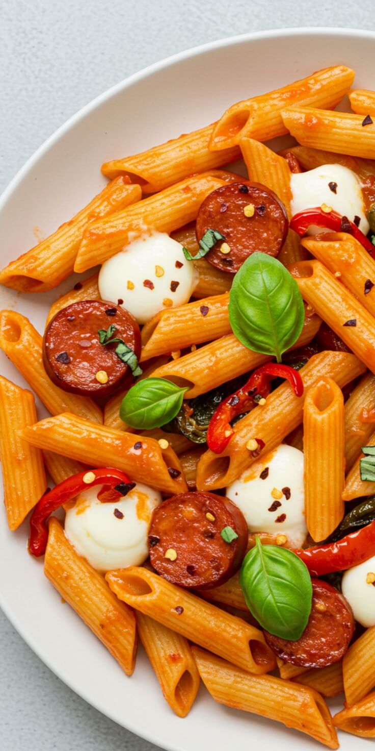 Turn up the heat with this Penne Arrabbiata! Smoky chorizo, melty mozzarella, and a bold chili-infused tomato sauce make this pasta unforgettable.