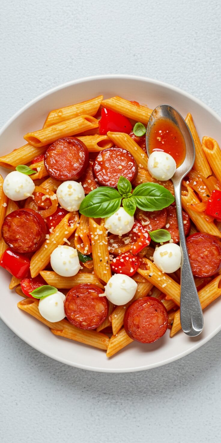 Turn up the heat with this Penne Arrabbiata! Smoky chorizo, melty mozzarella, and a bold chili-infused tomato sauce make this pasta unforgettable.