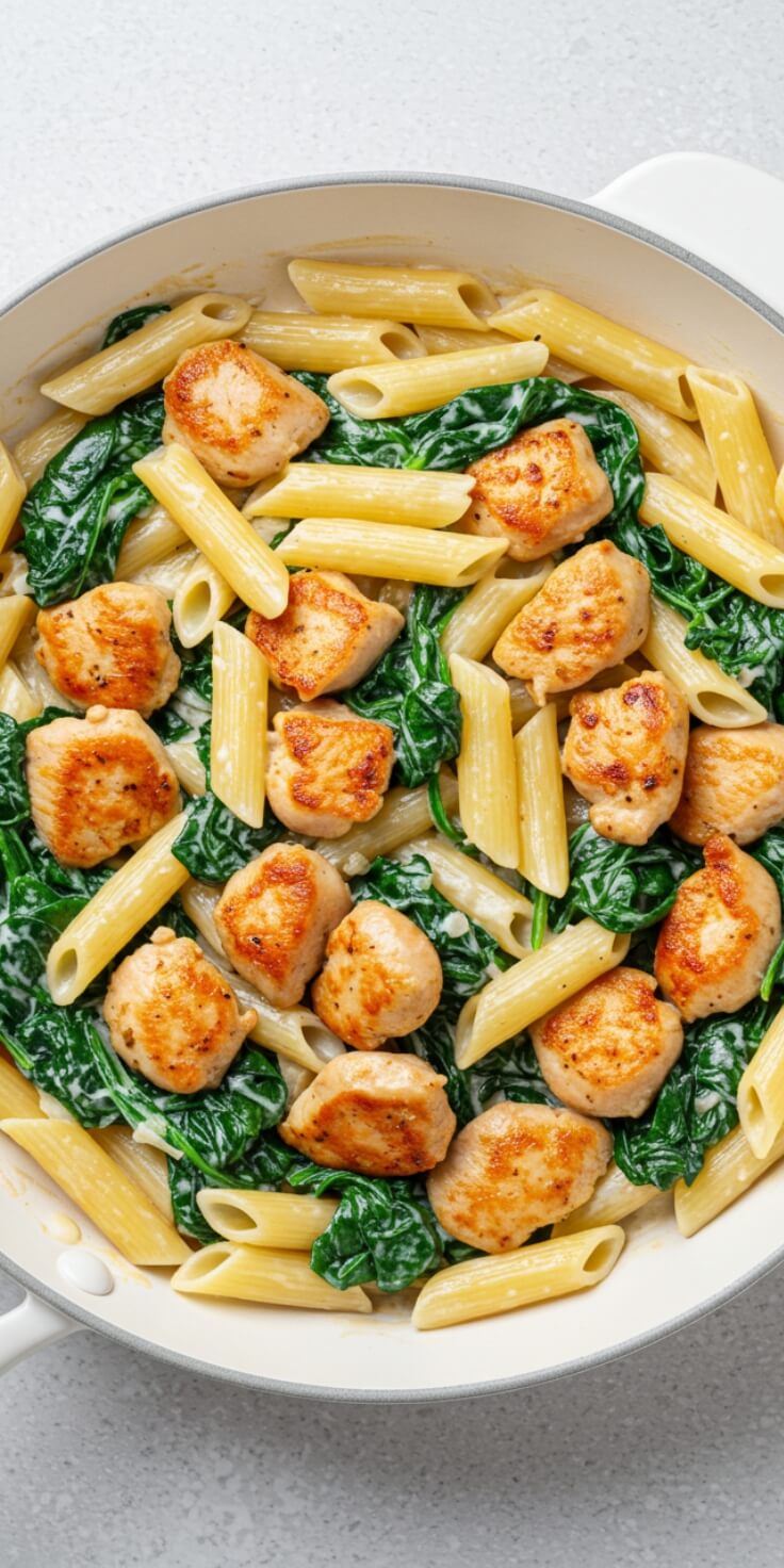 erfect for quick weeknight dinners, this Chicken Spinach Pasta comes together in one pan with tender chicken, garlic, creamy sauce, and wilted spinach. Fast, filling, and full of flavor. 