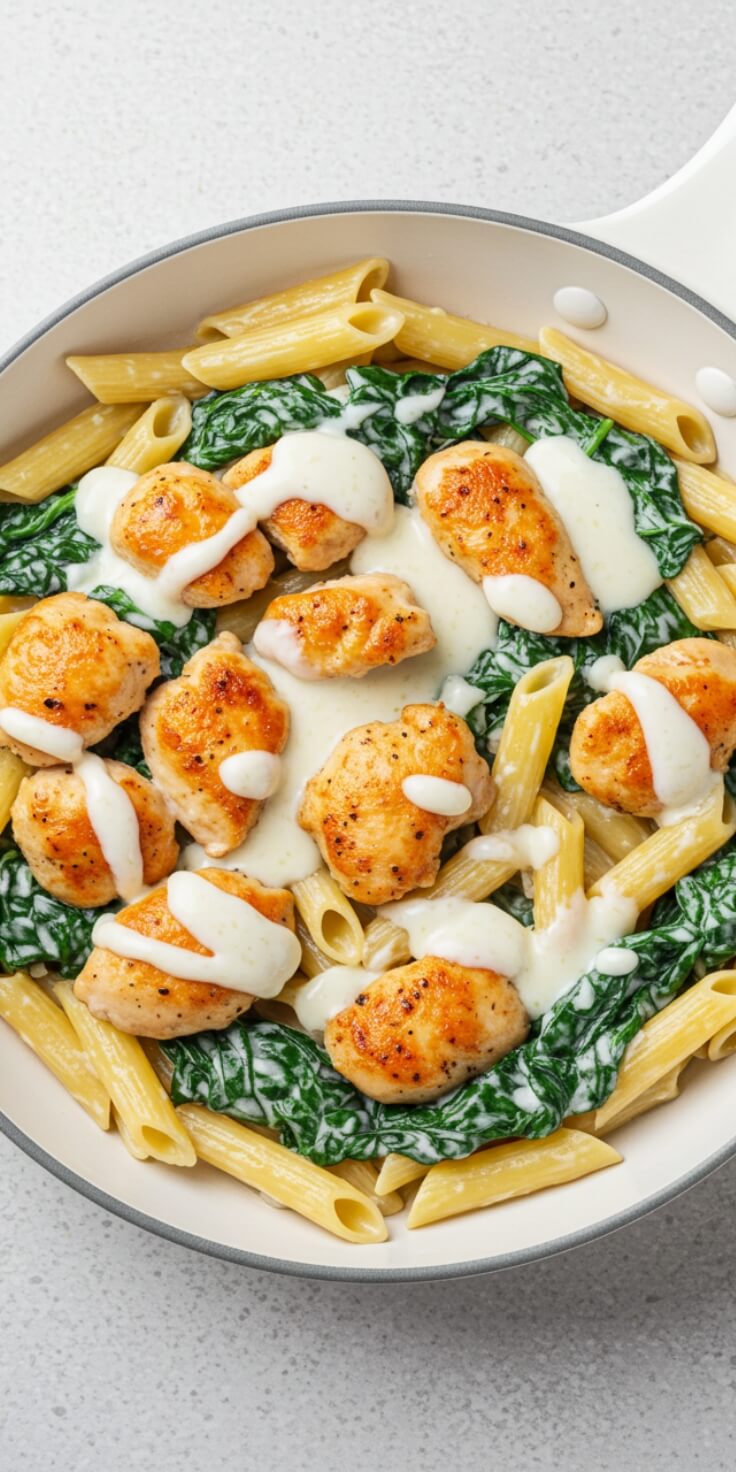 erfect for quick weeknight dinners, this Chicken Spinach Pasta comes together in one pan with tender chicken, garlic, creamy sauce, and wilted spinach. Fast, filling, and full of flavor. 