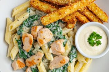 erfect for quick weeknight dinners, this Chicken Spinach Pasta comes together in one pan with tender chicken, garlic, creamy sauce, and wilted spinach. Fast, filling, and full of flavor.