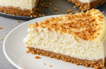 This coconut cheesecake is silky-smooth, boasts a buttery graham‑coconut crust, and is topped with fluffy whipped coconut cream