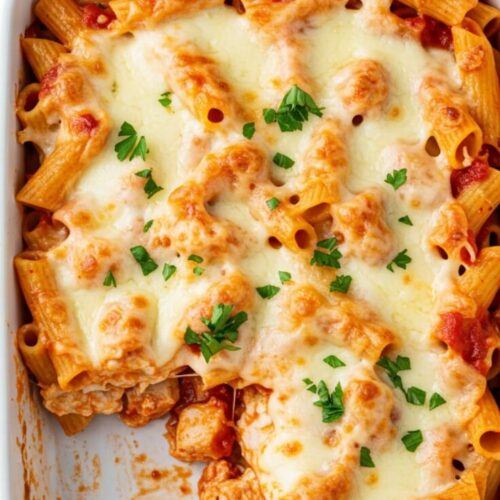 Perfect for weeknight dinners, this Baked Rigatoni is loaded with melty cheese, savory marinara, and tender pasta baked until golden and bubbly