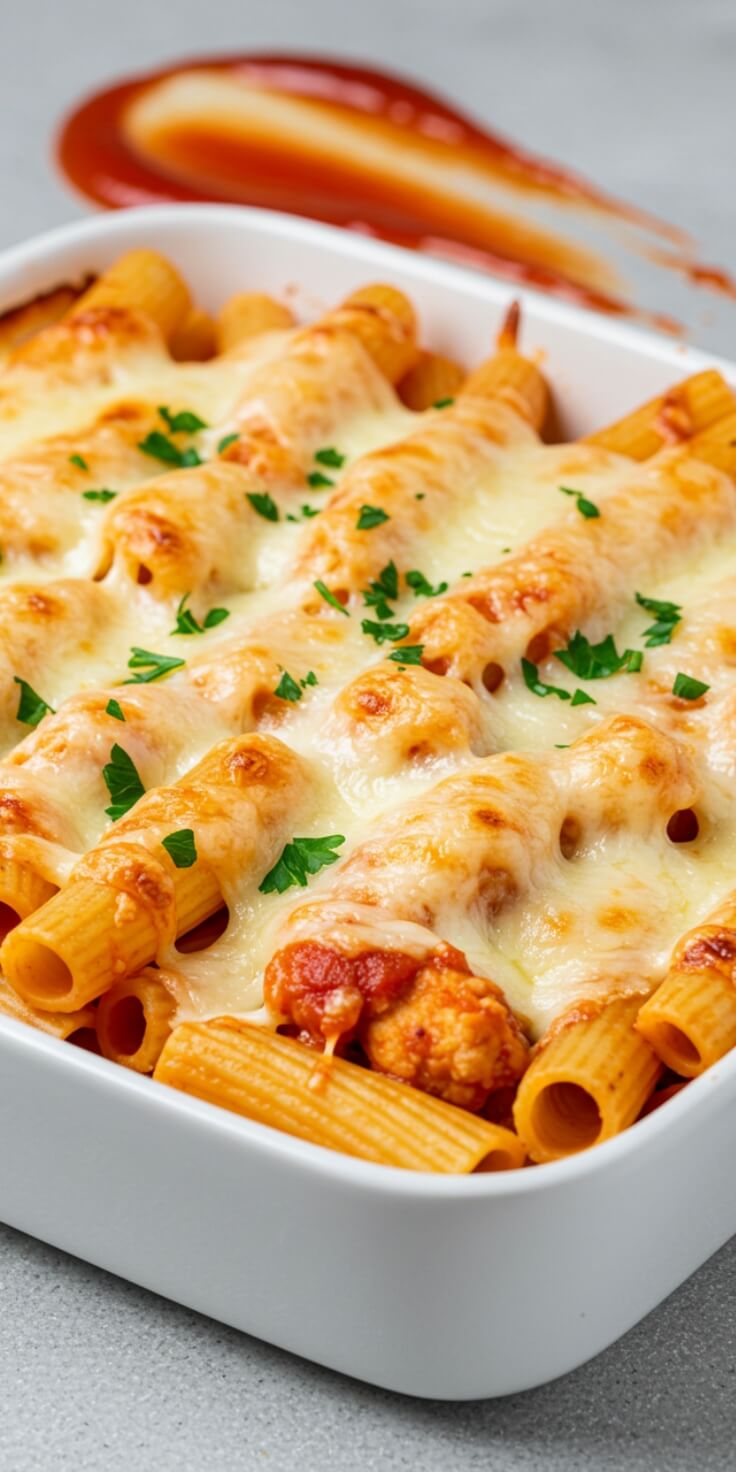 Perfect for weeknight dinners, this Baked Rigatoni is loaded with melty cheese, savory marinara, and tender pasta baked until golden and bubbly
